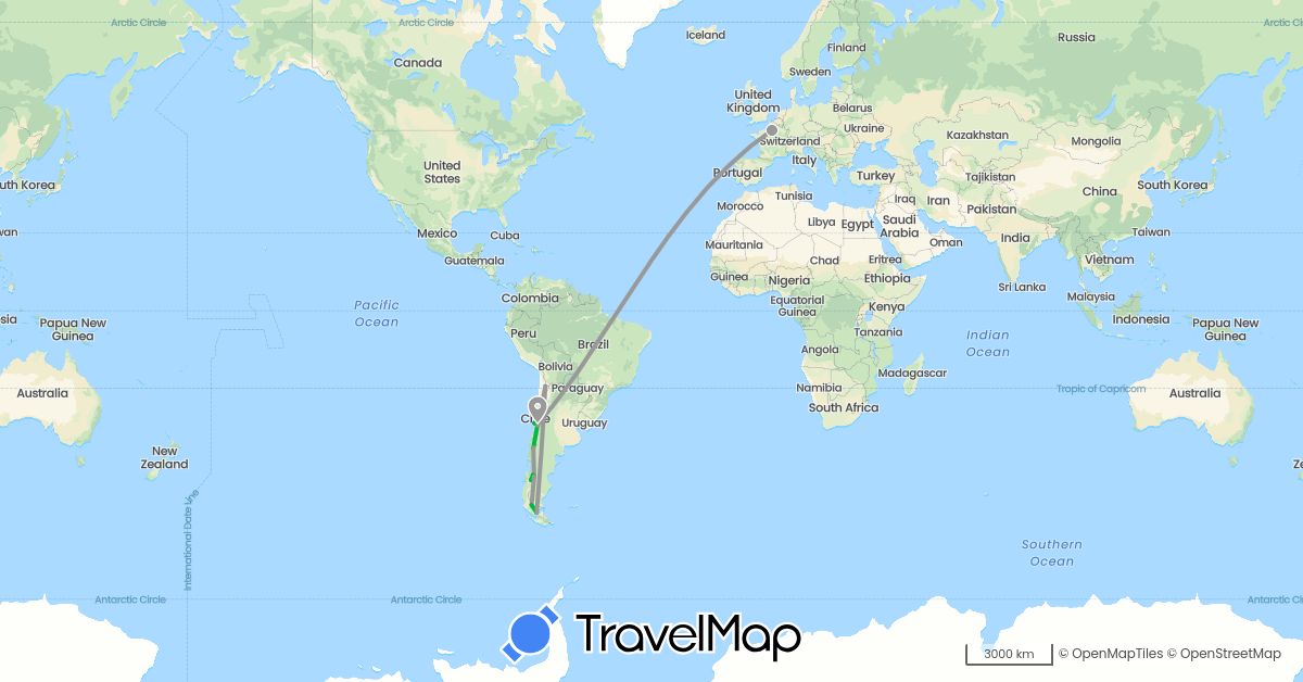 TravelMap itinerary: driving, bus, plane, train in Chile, France (Europe, South America)